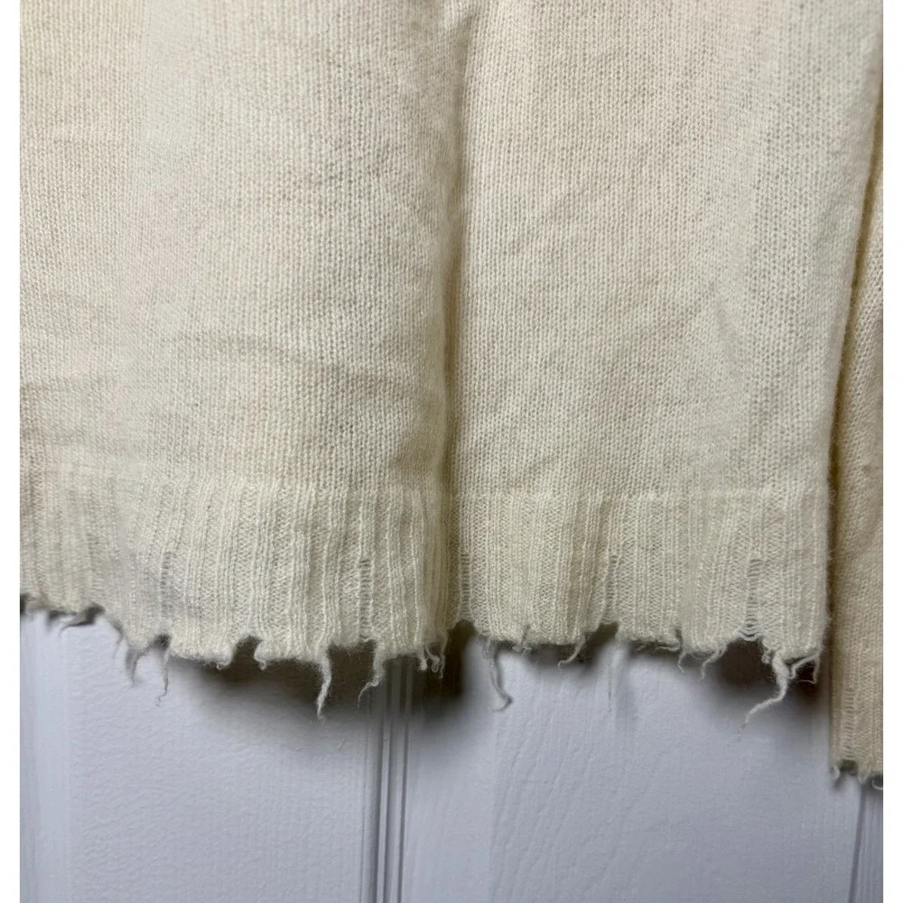 Minnie Rose 100% Cashmere Distressed V Neck Sweater Ivory Women's M Soft
